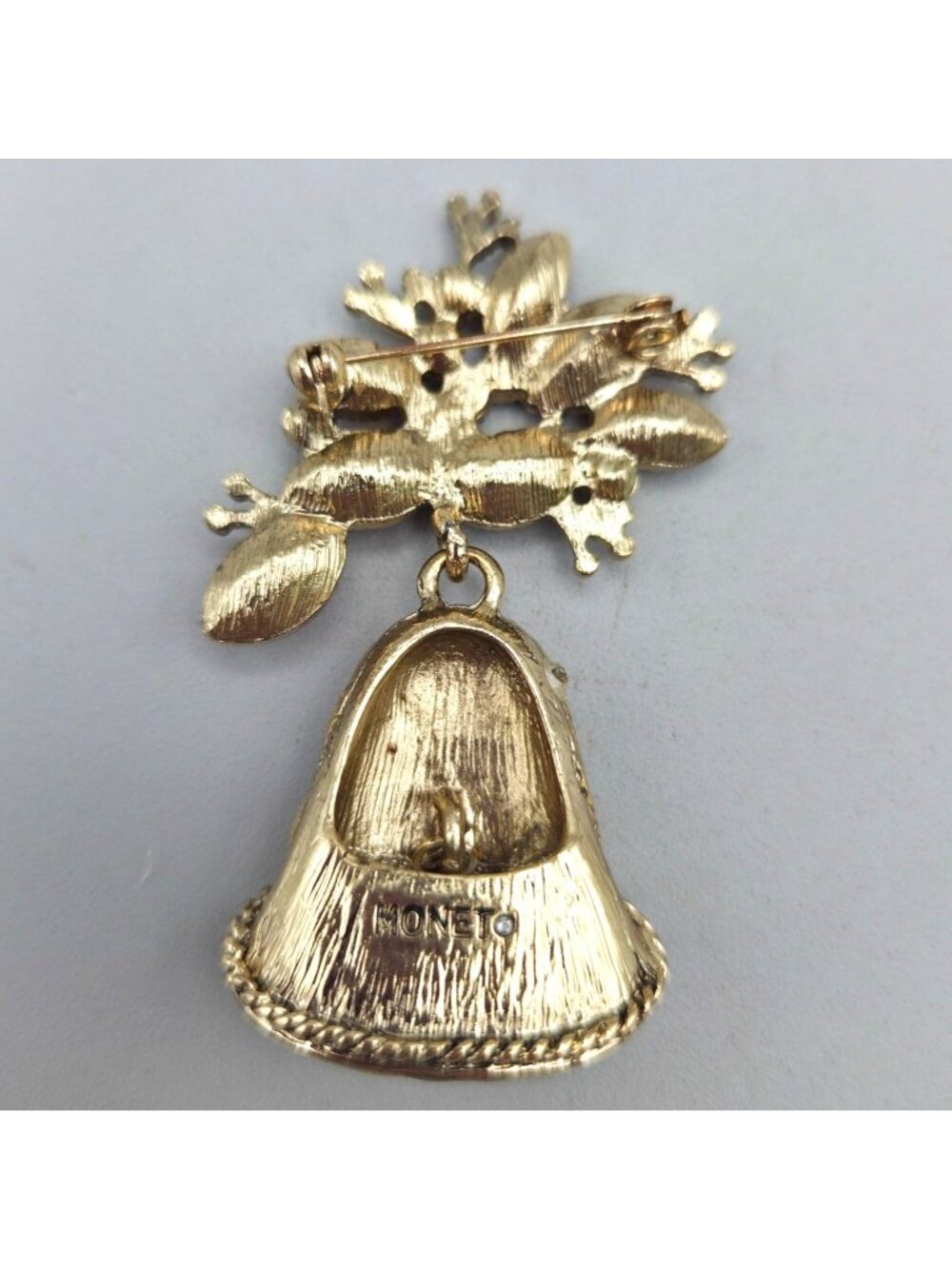 Vintage Monet Christmas Bell Brooch Red Green Rhinestones Holiday Pin - Picture 4 of 7
